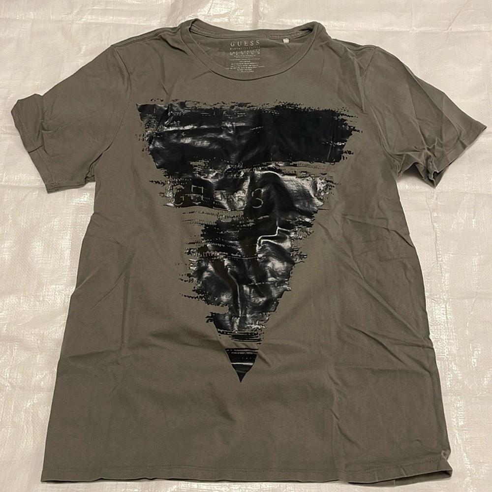 Guess Olive Short Sleeve Tee with Black Gloss Graphic
